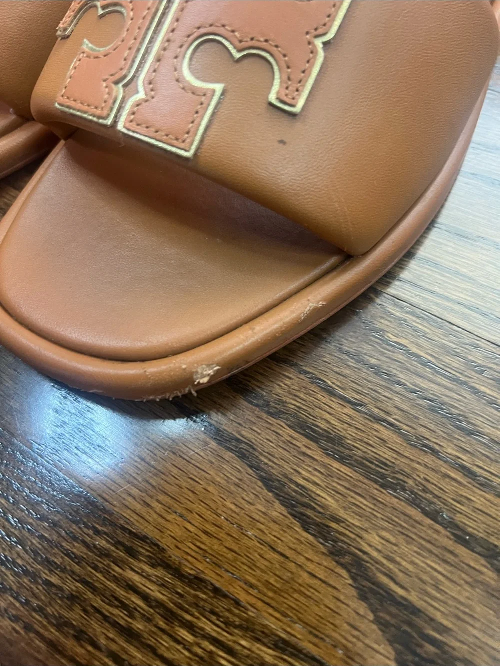 Tory Burch Tan Leather Logo Slide Sandals
